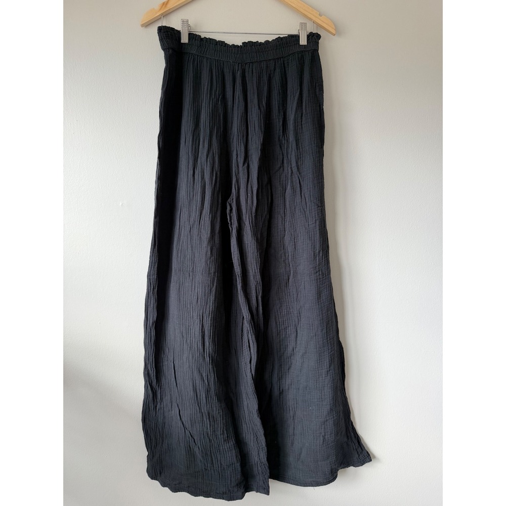 Aerie Black 100% Cotton Wide Leg Pants High Waisted Flowy Beach Lounge Large - Picture 6 of 8